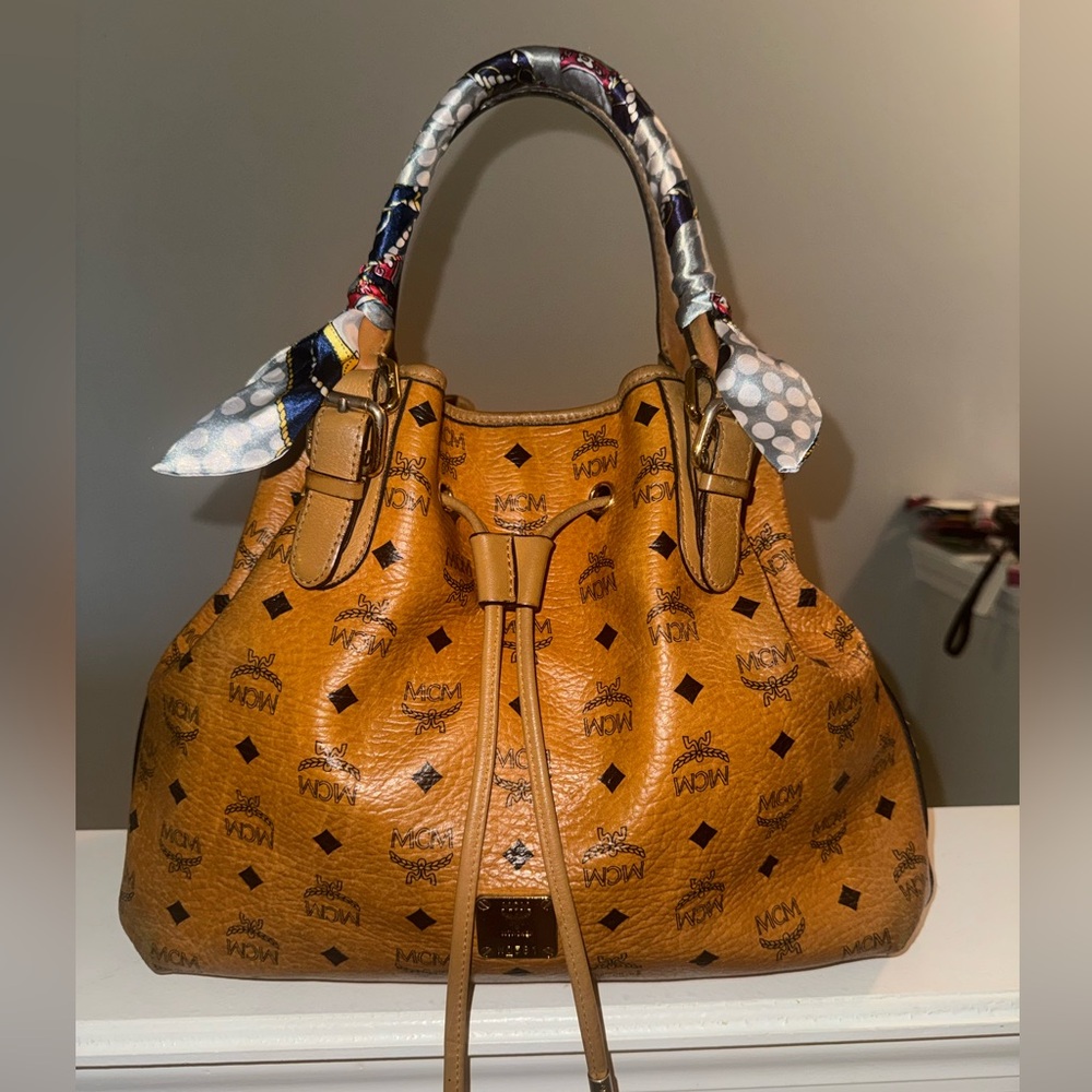 MCM Cognac Visetos Drawstring Shoulder Bag with Printed Scarf Wrapped Handles